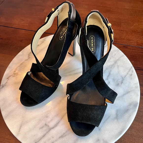 Brand New Coach Black Suede Heals with Brown Leather and brass Accent Buckles - Picture 1 of 12